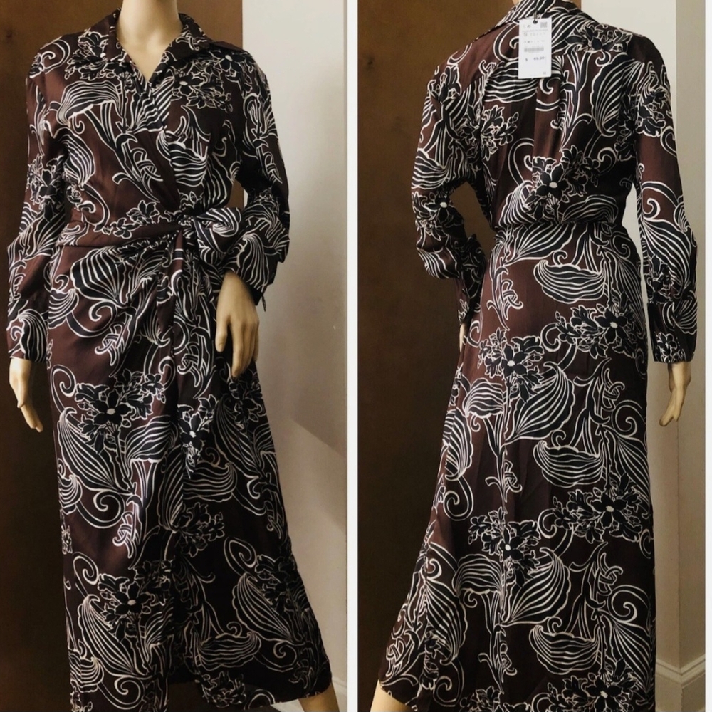 Zara Elegant Brown and White Patterned Long Sleeve Dress